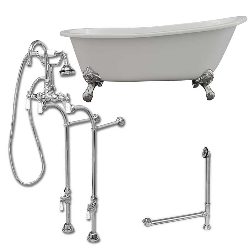 Cambridge Plumbing Cast Iron Slipper Clawfoot Tub 67" X 30" with no Faucet Drillings and Complete Polished Chrome Free Standing English Telephone Style Faucet with Hand Held Shower Assembly Plumbing Package