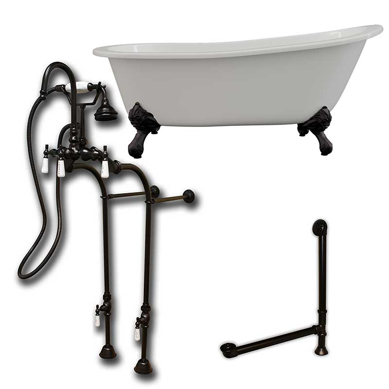 Cambridge Plumbing Cast Iron Slipper Clawfoot Tub 67" X 30" with no Faucet Drillings and Complete Oil Rubbed Bronze Free Standing English Telephone Style Faucet with Hand Held Shower Assembly Plumbing Package