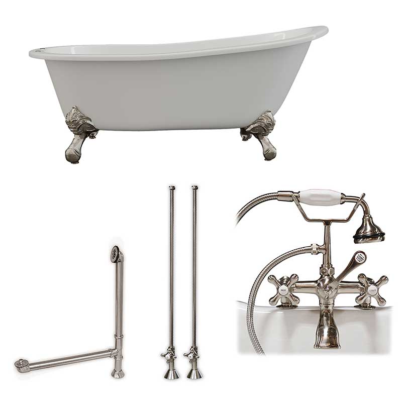 Cambridge Plumbing Cast Iron Slipper Clawfoot Tub 67" X 30" with 7" Deck Mount Faucet Drillings and Complete Brushed Nickel Plumbing Package