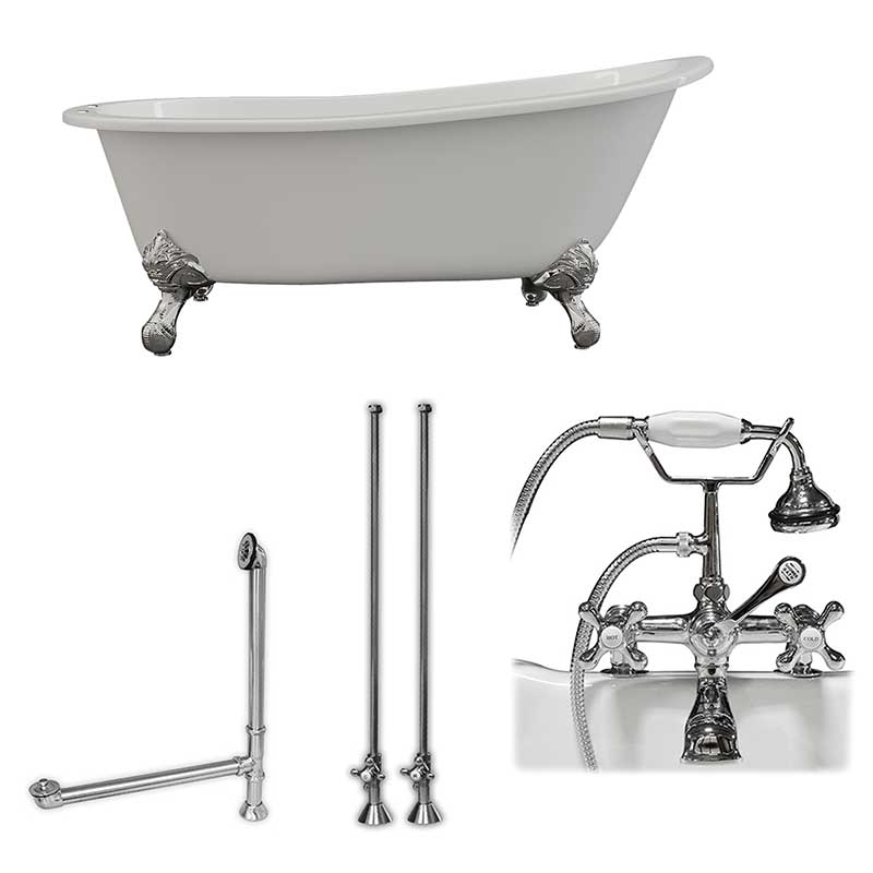 Cambridge Plumbing Cast Iron Slipper Clawfoot Tub 67" X 30" with 7" Deck Mount Faucet Drillings and Complete Polished Chrome Plumbing Package