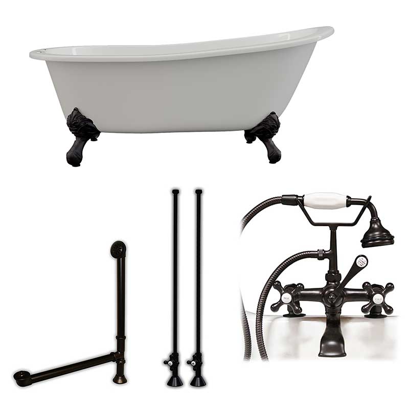 Cambridge Plumbing Cast Iron Slipper Clawfoot Tub 67" X 30" with 7" Deck Mount Faucet Drillings and Complete Oil Rubbed Bronze Plumbing Package