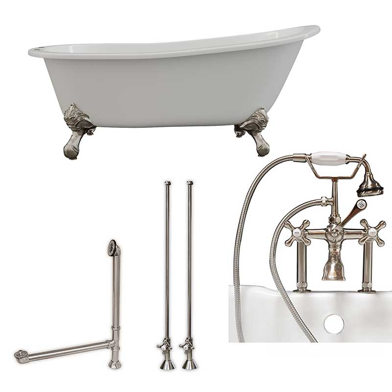 Cambridge Plumbing Cast Iron Slipper Clawfoot Tub 67" X 30" with 7" Deck Mount Faucet Drillings and British Telephone Style Faucet Complete Brushed Nickel Plumbing Package And Six Inch Deck Mount Risers