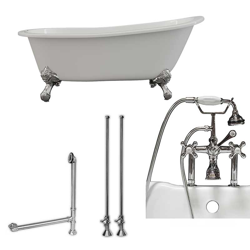 Cambridge Plumbing Cast Iron Slipper Clawfoot Tub 67" X 30" with 7" Deck Mount Faucet Drillings and British Telephone Style Faucet Complete Polished Chrome Plumbing Package With Six Inch Deck Mount Risers