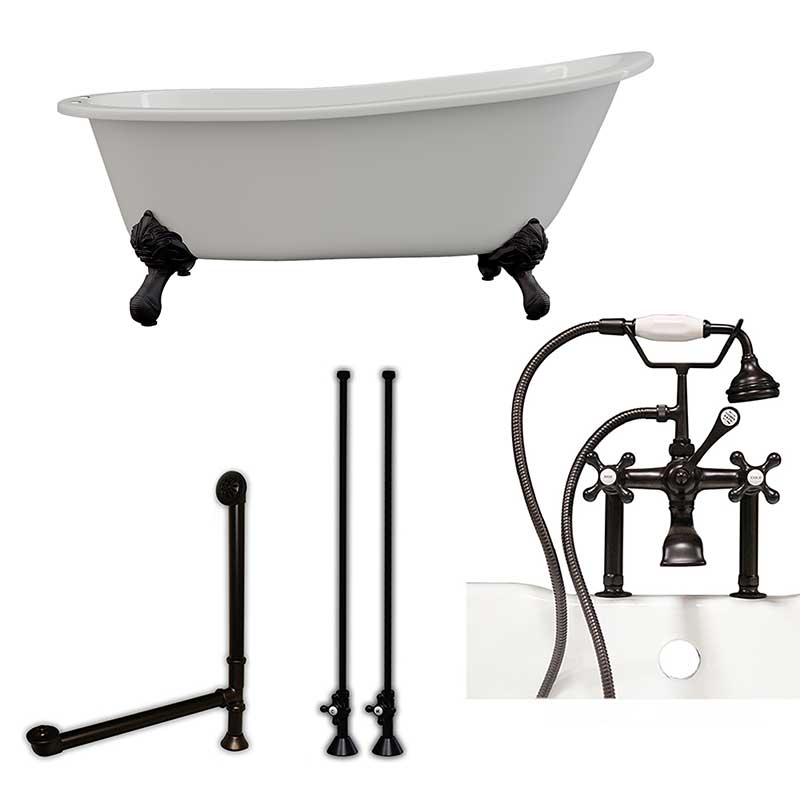 Cambridge Plumbing Cast Iron Slipper Clawfoot Tub 67" X 30" with 7" Deck Mount Faucet Drillings and British Telephone Style Faucet Complete Oil Rubbed Bronze Plumbing Package With Six Inch Deck Mount Risers