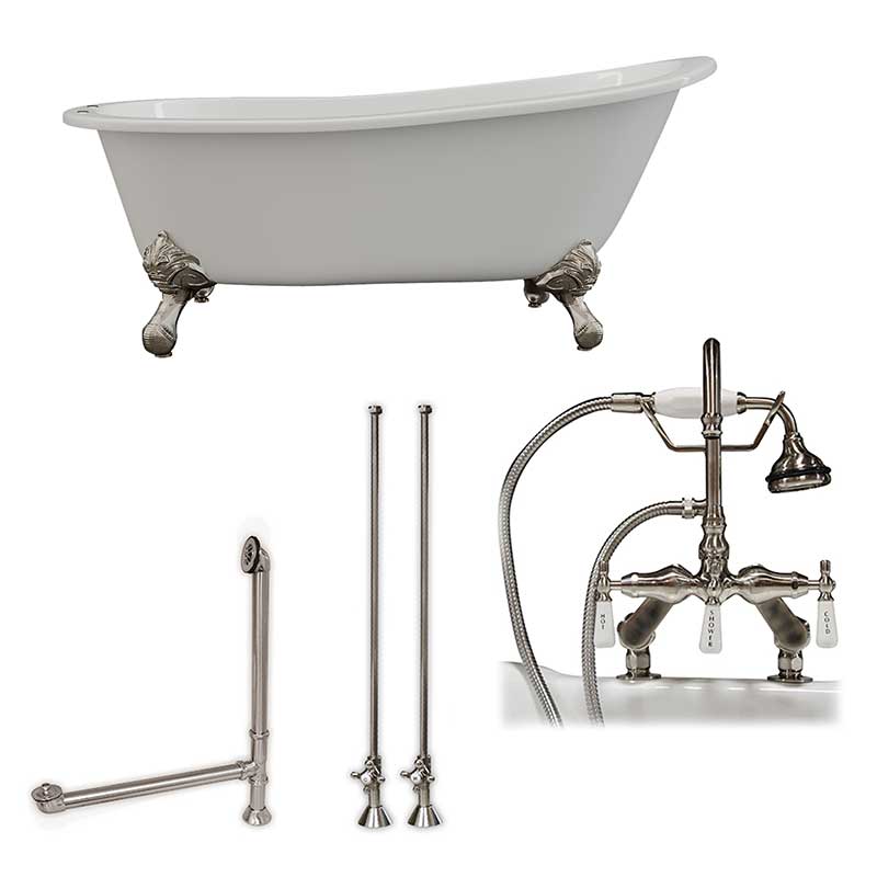 Cambridge Plumbing Cast Iron Slipper Clawfoot Tub 67" X 30" with 7" Deck Mount Faucet Drillings and English Telephone Style Faucet Complete Brushed Nickel Plumbing Package