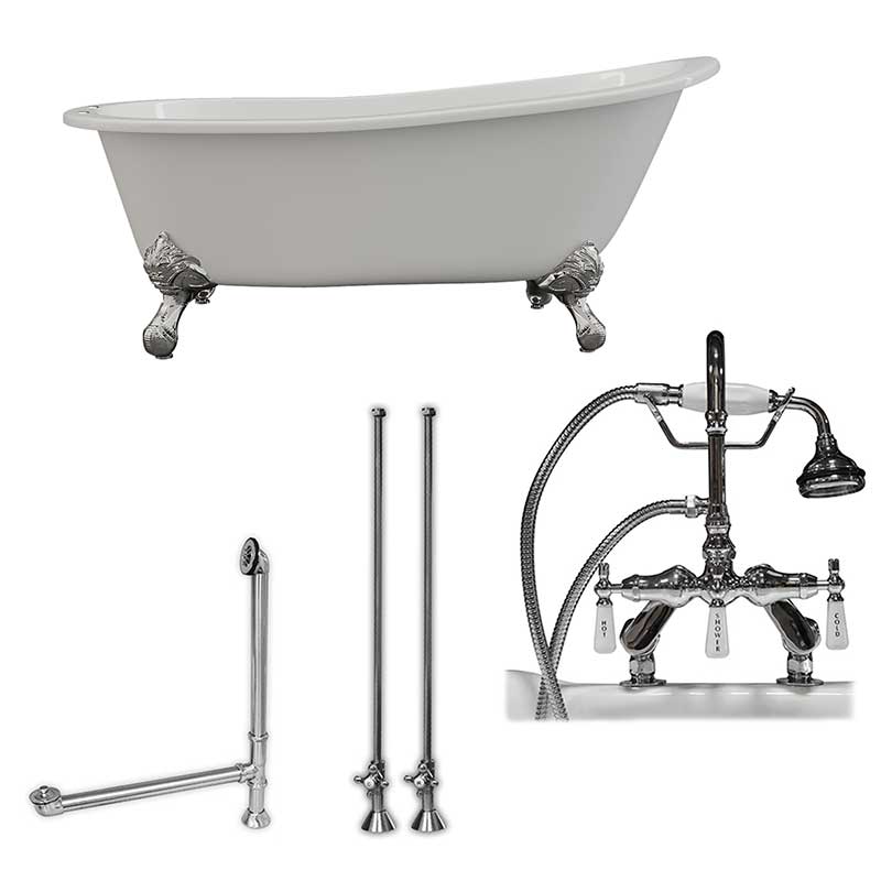 Cambridge Plumbing Cast Iron Slipper Clawfoot Tub 67" X 30" with 7" Deck Mount Faucet Drillings and English Telephone Style Faucet Complete Polished Chrome Plumbing Package