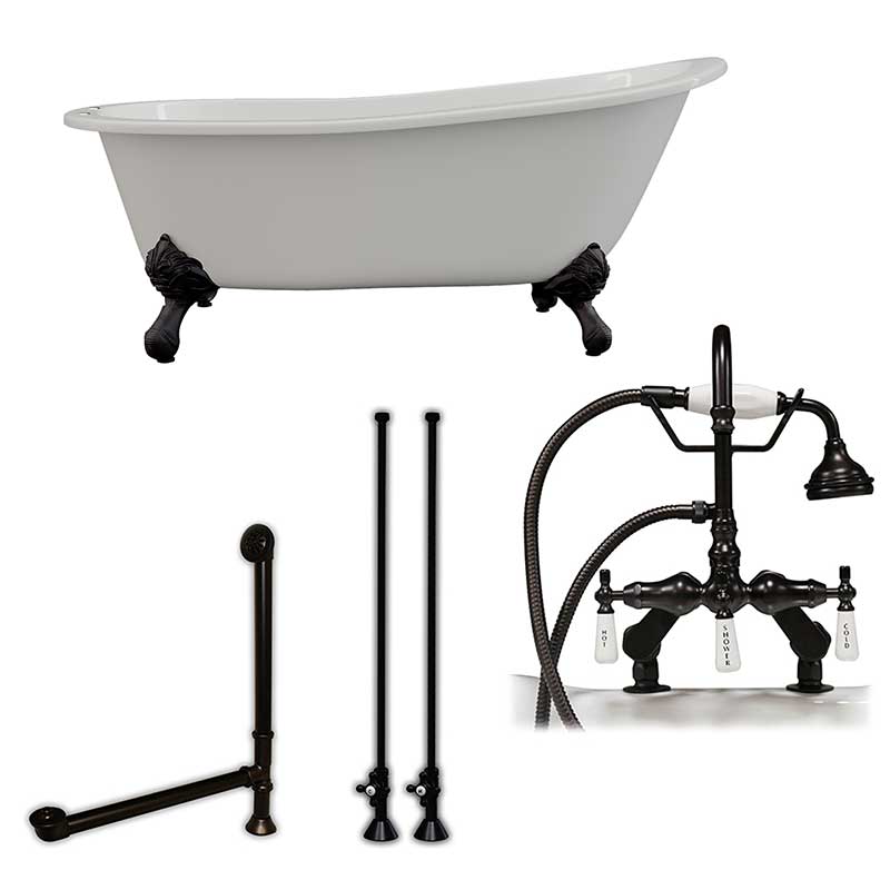 Cambridge Plumbing Cast Iron Slipper Clawfoot Tub 67" X 30" with 7" Deck Mount Faucet Drillings and English Telephone Style Faucet Complete Oil Rubbed Bronze Plumbing Package