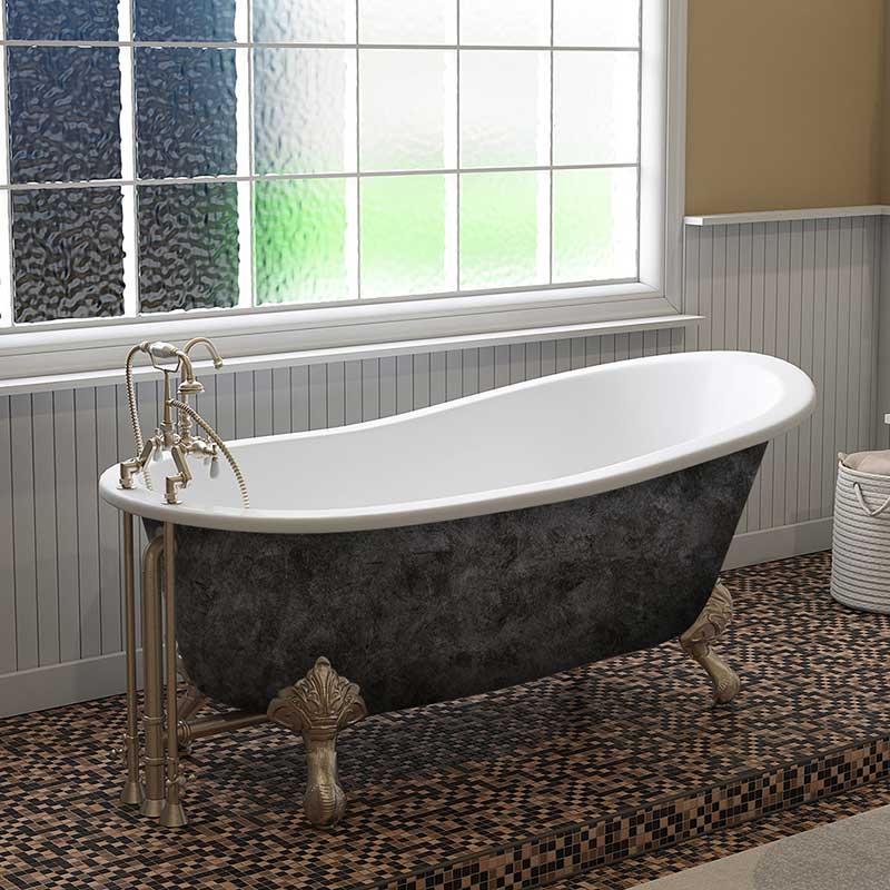 Cambridge Plumbing Scorched Platinum 67” x 30” Cast Iron Slipper Bathtub with” 7” Deck Mount Faucet Holes and Brushed Nickel Ball and Claw Feet