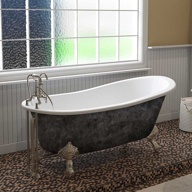 Cambridge Plumbing Scorched Platinum 67” x 30” Cast Iron Slipper Bathtub with” 7” Deck Mount Faucet Holes and Polished Chrome Ball and Claw Feet