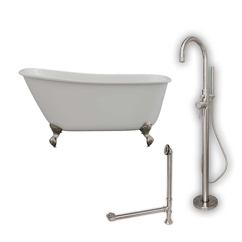 Cambridge Plumbing Cast Iron Swedish Slipper Tub 54" X 30" with no Faucet Drillings and Complete Brushed Nickel Modern Freestanding Tub Filler with Hand Held Shower Assembly Plumbing Package
