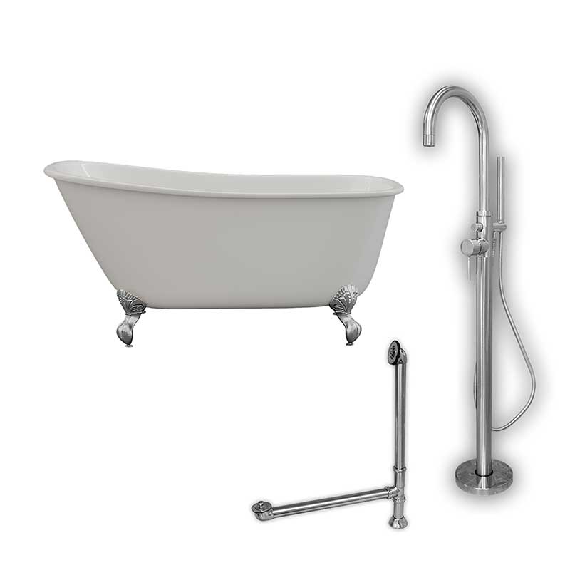 Cambridge Plumbing Cast Iron Swedish Slipper Tub 54" X 30" with no Faucet Drillings and Complete Polished Chrome Modern Freestanding Tub Filler with Hand Held Shower Assembly Plumbing Package