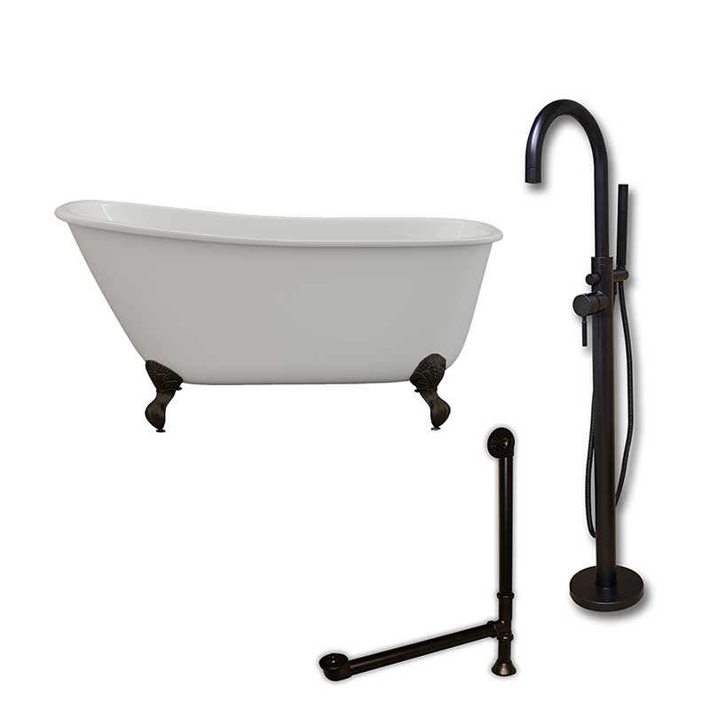 Cambridge Plumbing Cast Iron Swedish Slipper Tub 54" X 30" with no Faucet Drillings and Complete Oil Rubbed Bronze Modern Freestanding Tub Filler with Hand Held Shower Assembly Plumbing Package