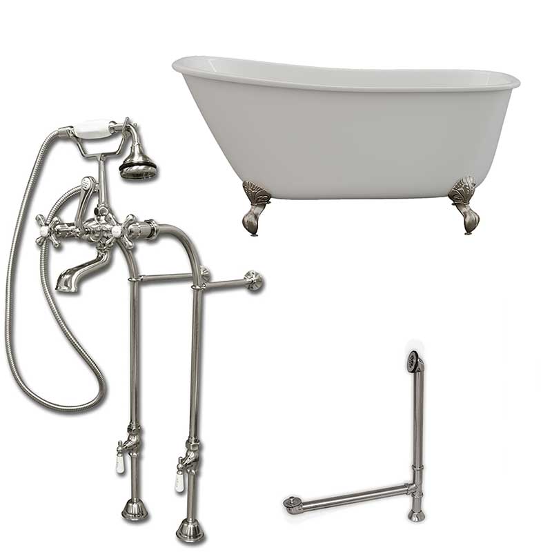 Cambridge Plumbing Cast Iron Swedish Slipper Tub 54" X 30" with No Faucet Drillings and Complete Free Standing British Telephone Faucet and Hand Held Shower Brushed Nickel Plumbing Package