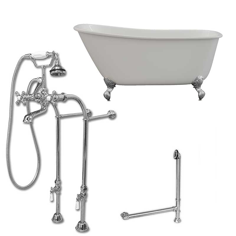 Cambridge Plumbing Cast Iron Swedish Slipper Tub 54" X 30" with No Faucet Drillings and Complete Free Standing British Telephone Faucet and Hand Held Shower Polished Chrome Plumbing Package