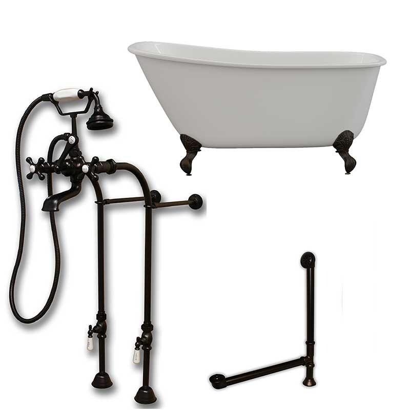 Cambridge Plumbing Cast Iron Swedish Slipper Tub 54" X 30" with No Faucet Drillings and Complete Free Standing British Telephone Faucet and Hand Held Shower Oil Rubbed Bronze Plumbing Package (faucet not pictured)