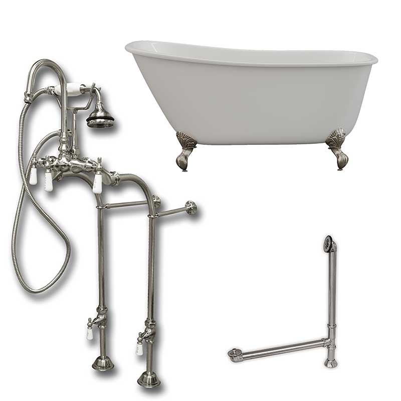 Cambridge Plumbing Cast Iron Swedish Slipper Tub 54" X 30" with no Faucet Drillings and Complete Brushed Nickel Free Standing English Telephone Style Faucet with Hand Held Shower Assembly Plumbing Package