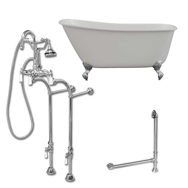 Cambridge Plumbing Cast Iron Swedish Slipper Tub 54" X 30" with no Faucet Drillings and Complete Polished Chrome Free Standing English Telephone Style Faucet with Hand Held Shower Assembly Plumbing Package