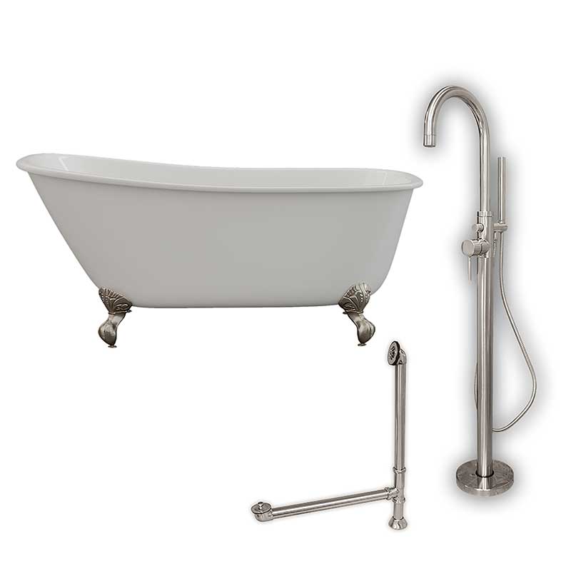 Cambridge Plumbing Cast Iron Swedish Slipper Tub 58" X 30" with no Faucet Drillings and Complete Brushed Nickel Modern Freestanding Tub Filler with Hand Held Shower Assembly Plumbing Package