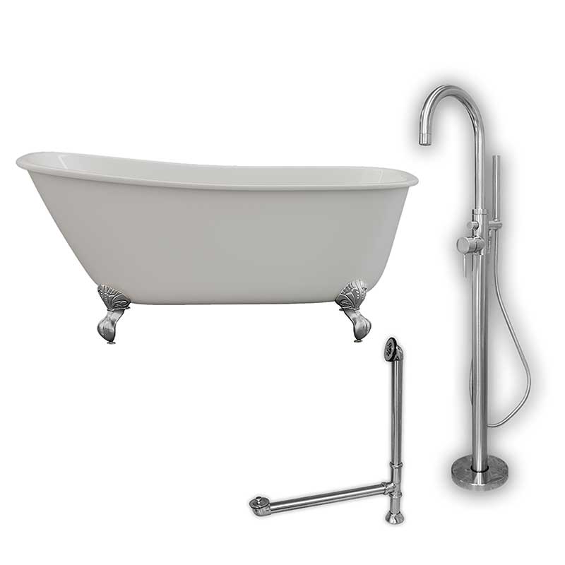 Cambridge Plumbing Cast Iron Swedish Slipper Tub 58" X 30" with no Faucet Drillings and Complete Polished Chrome Modern Freestanding Tub Filler with Hand Held Shower Assembly Plumbing Package