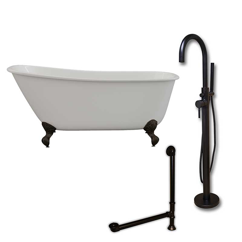 Cambridge Plumbing Cast Iron Swedish Slipper Tub 58" X 30" with no Faucet Drillings and Complete Oil Rubbed Bronze Modern Freestanding Tub Filler with Hand Held Shower Assembly Plumbing Package