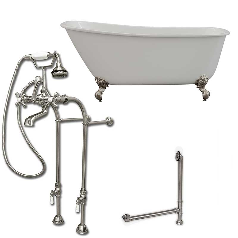 Cambridge Plumbing Cast Iron Swedish Slipper Tub 58" X 30" with No Faucet Drillings and Complete Brushed Nickel Plumbing Package