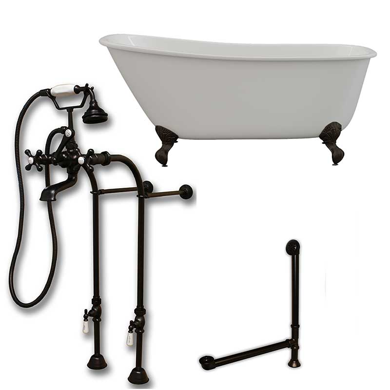 Cambridge Plumbing Cast Iron Swedish Slipper Tub 58" X 30" with No Faucet Drillings and complete Oil Rubbed Bronze Plumbing Package (faucet not pictured)