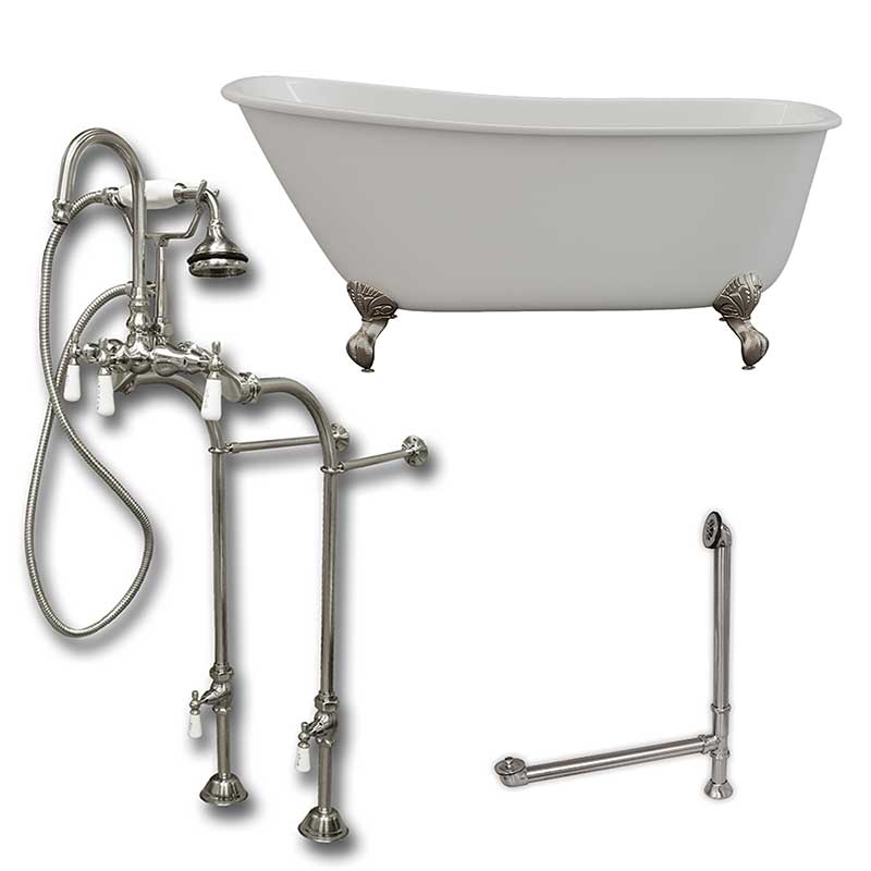 Cambridge Plumbing Cast Iron Swedish Slipper Tub 58" X 30" with no Faucet Drillings and Complete Brushed Nickel Free Standing English Telephone Style Faucet with Hand Held Shower Assembly Plumbing Package