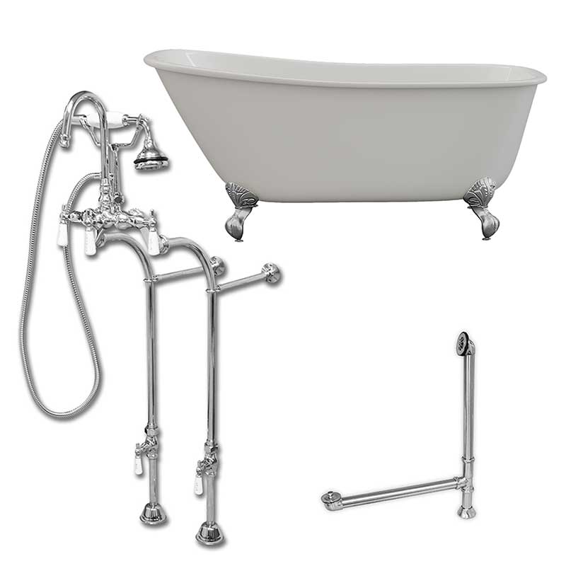 Cambridge Plumbing Cast Iron Swedish Slipper Tub 58" X 30" with no Faucet Drillings and Complete Polished Chrome Free Standing English Telephone Style Faucet with Hand Held Shower Assembly Plumbing Package
