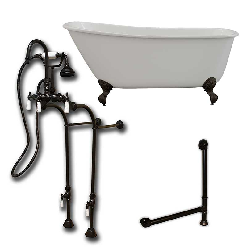 Cambridge Plumbing Cast Iron Swedish Slipper Tub 58" X 30" with no Faucet Drillings and Complete Oil Rubbed Bronze Free Standing English Telephone Style Faucet with Hand Held Shower Assembly Plumbing Package