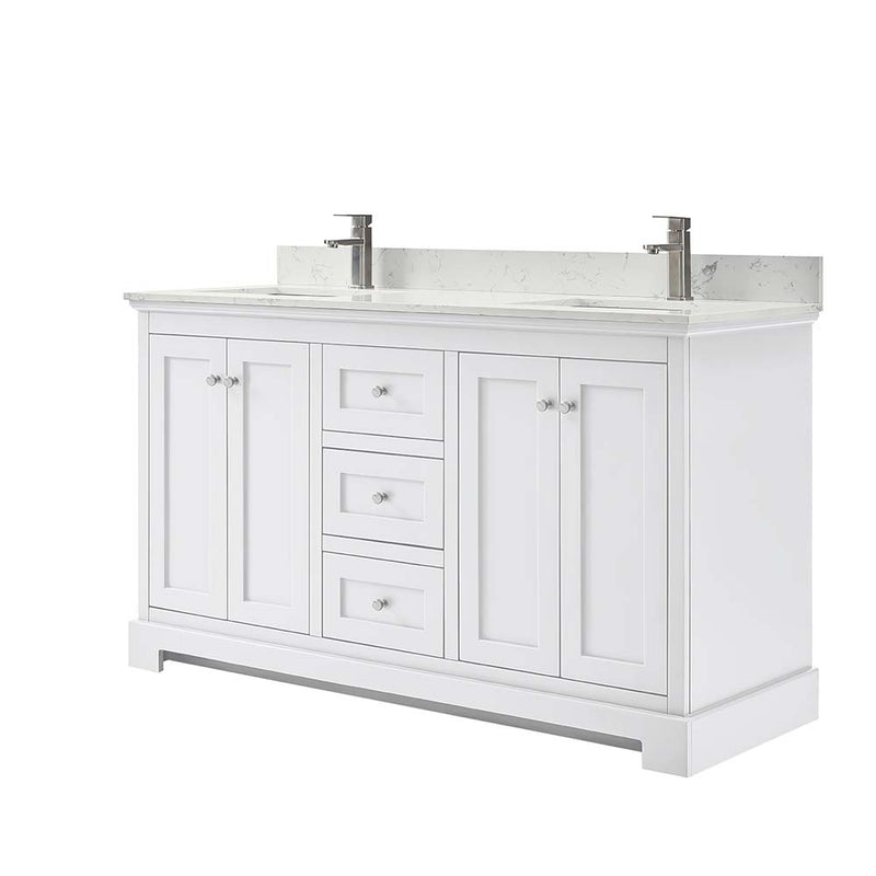 Ryla 60 Inch Double Bathroom Vanity in White, Carrara Cultured Marble Countertop, Undermount Square Sinks, No Mirror