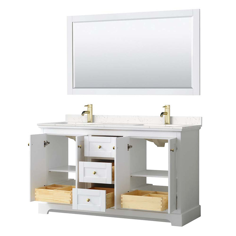 Avery 60 Inch Double Bathroom Vanity in White - Brushed Gold Trim - 10