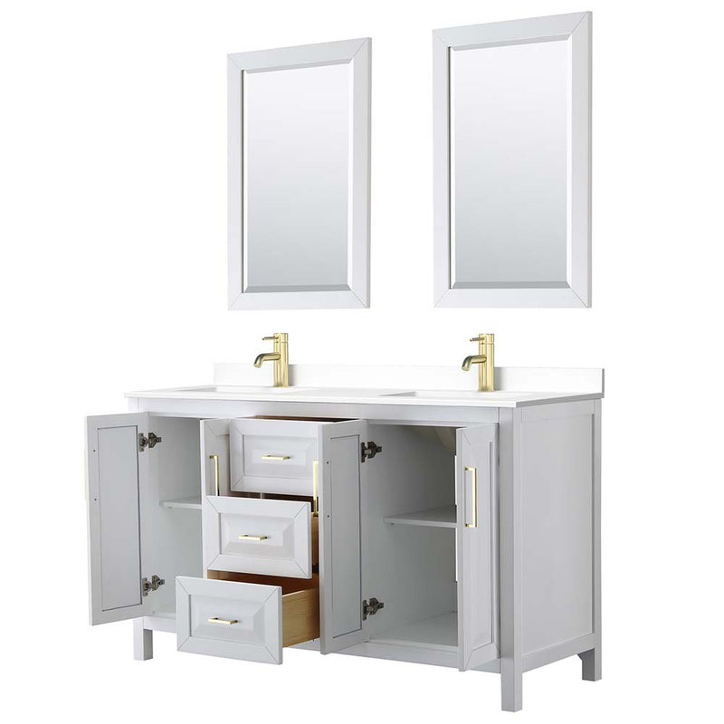 Daria 60 Inch Double Bathroom Vanity in White - Brushed Gold Trim - 52
