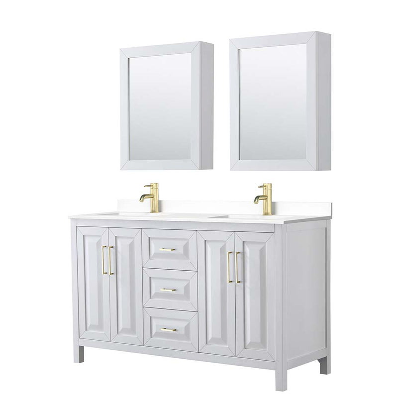 Daria 60 Inch Double Bathroom Vanity in White - Brushed Gold Trim - 61
