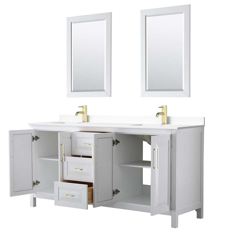 Daria 72 Inch Double Bathroom Vanity in White - Brushed Gold Trim - 52