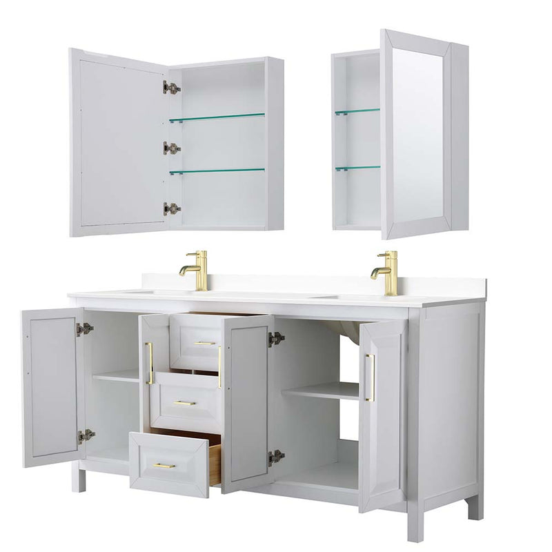 Daria 72 Inch Double Bathroom Vanity in White - Brushed Gold Trim - 62