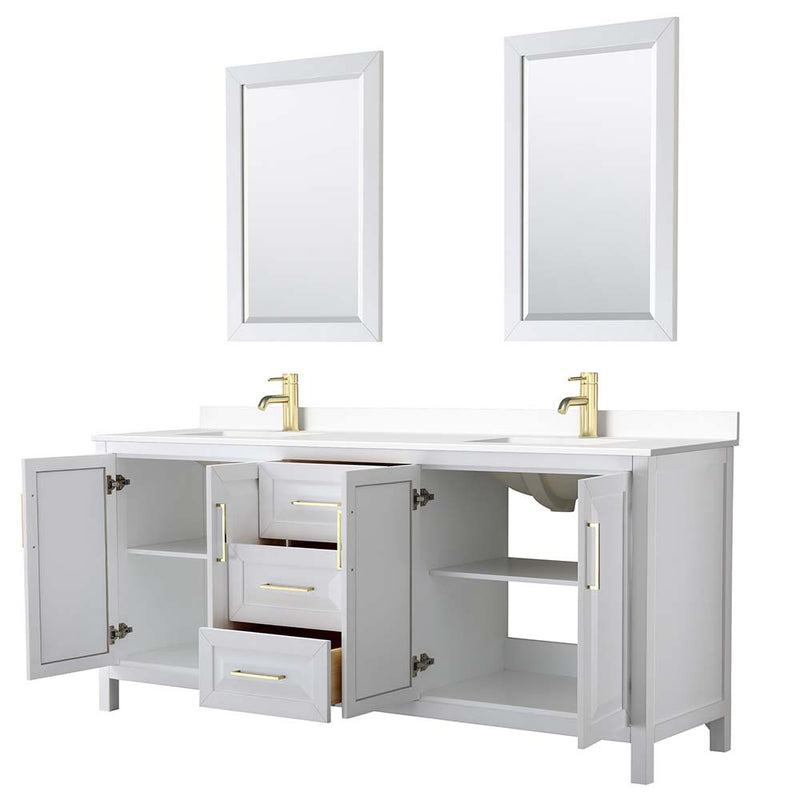 Daria 80 Inch Double Bathroom Vanity in White - Brushed Gold Trim - 52