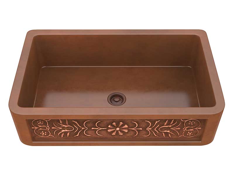 Anzzi Wand Farmhouse Handmade Copper 36 in. 0-Hole Single Bowl Kitchen Sink with Flower Design Panel in Polished Antique Copper K-AZ256