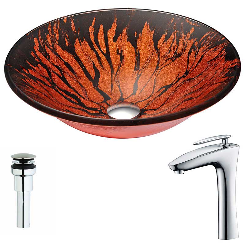Anzzi Forte Series Deco-Glass Vessel Sink in Lustrous Red and Black with Crown Faucet in Chrome