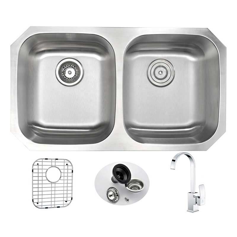Anzzi MOORE Undermount Stainless Steel 32 in. Double Bowl Kitchen Sink and Faucet Set with Opus Faucet in Polished Chrome