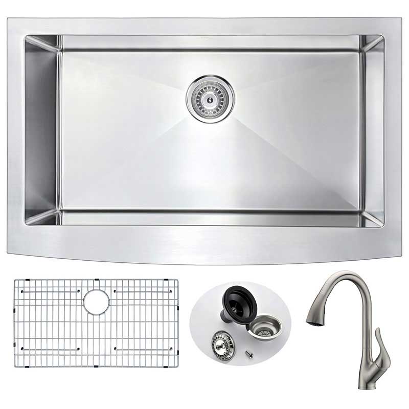 Anzzi ELYSIAN Farmhouse Stainless Steel 36 in. 0-Hole Kitchen Sink and Faucet Set with Accent Faucet in Brushed Nickel