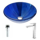 Anzzi Meno Series Deco-Glass Vessel Sink in Lustrous Blue with Enti Faucet in Brushed Nickel