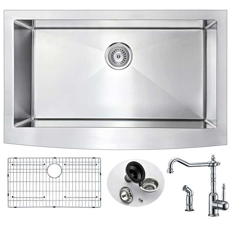 Anzzi ELYSIAN Farmhouse Stainless Steel 36 in. 0-Hole Kitchen Sink and Faucet Set with Locke Faucet in Polished Chrome