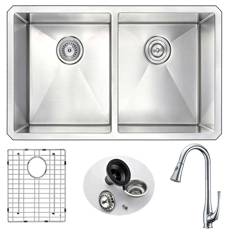 Anzzi VANGUARD Undermount Stainless Steel 32 in. Double Bowl Kitchen Sink and Faucet Set with Singer Faucet in Polished Chrome