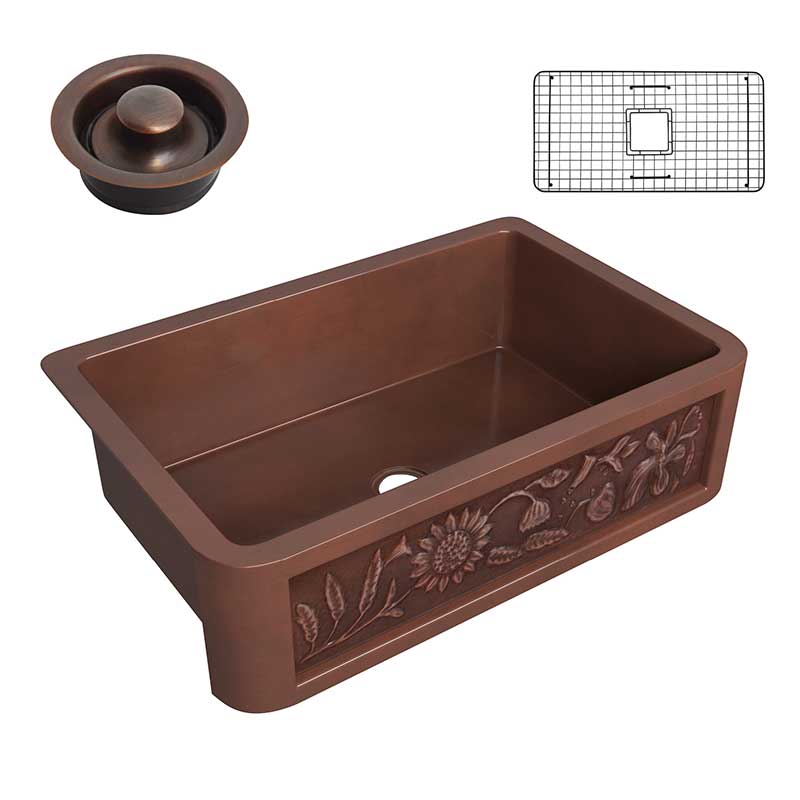 Anzzi Anatolian Farmhouse Handmade Copper 33 in. 0-Hole Single Bowl Kitchen Sink with Sunflower Design Panel in Polished Antique Copper SK-012