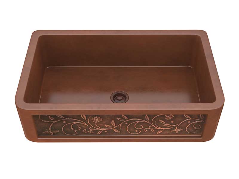 Anzzi Vattay Farmhouse Handmade Copper 36 in. 0-Hole Single Bowl Kitchen Sink with Floral Design Panel in Polished Antique Copper K-AZ244