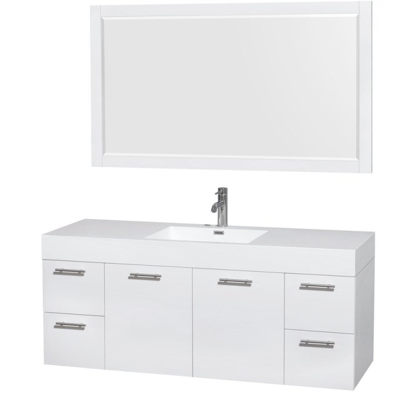 Wyndham Collection Amare 60" Single Bathroom Vanity in Glossy White, Acrylic Resin Countertop, Integrated Sink, and 58" Mirror WCR410060SGWARINTM58