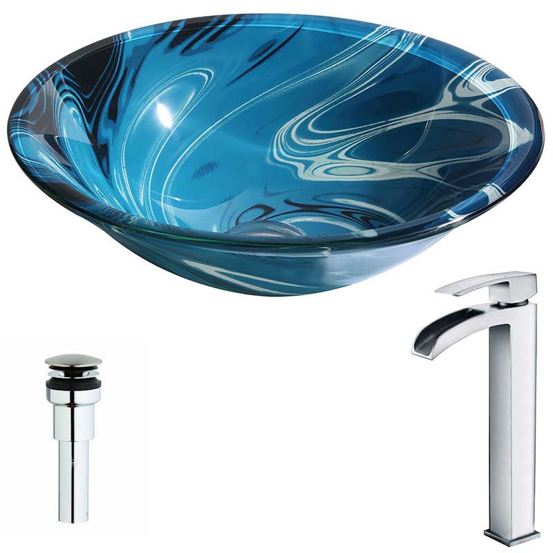 Anzzi Symphony Series Deco-Glass Vessel Sink in Lustrous Dark Blue with Key Faucet in Polished Chrome