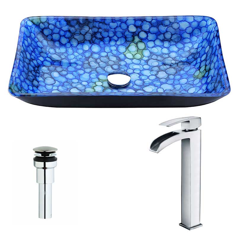 Anzzi Assai Series Deco-Glass Vessel Sink in Lustrous Blue with Key Faucet in Polished Chrome