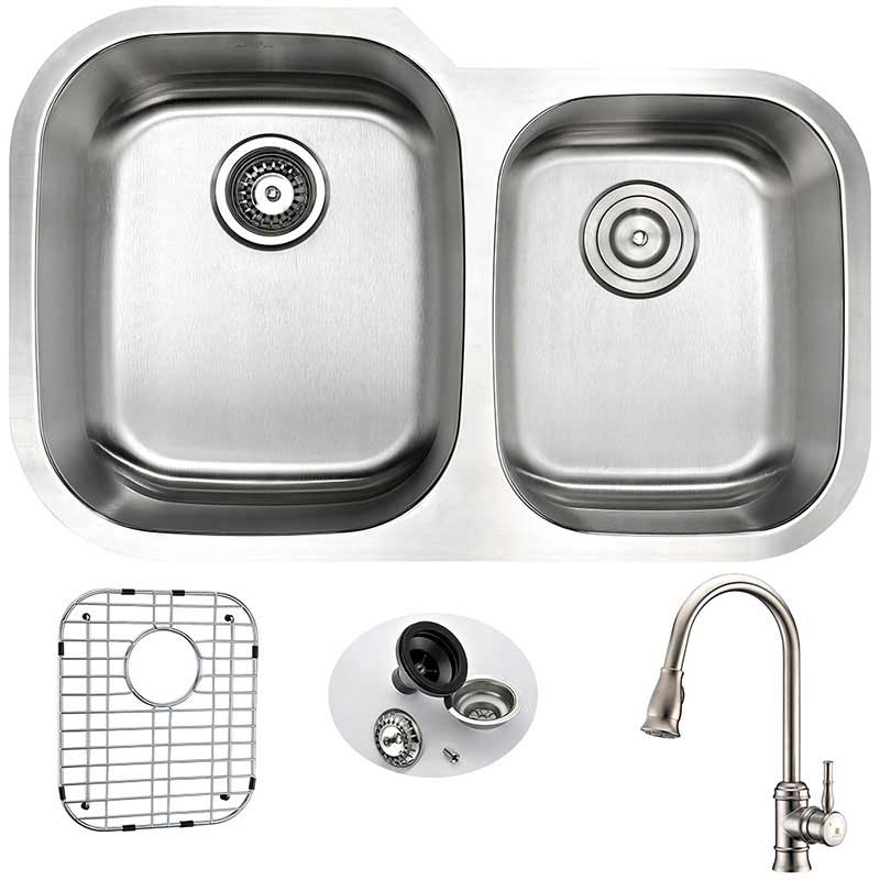 Anzzi MOORE Undermount Stainless Steel 32 in. Double Bowl Kitchen Sink and Faucet Set with Sails Faucet in Brushed Nickel