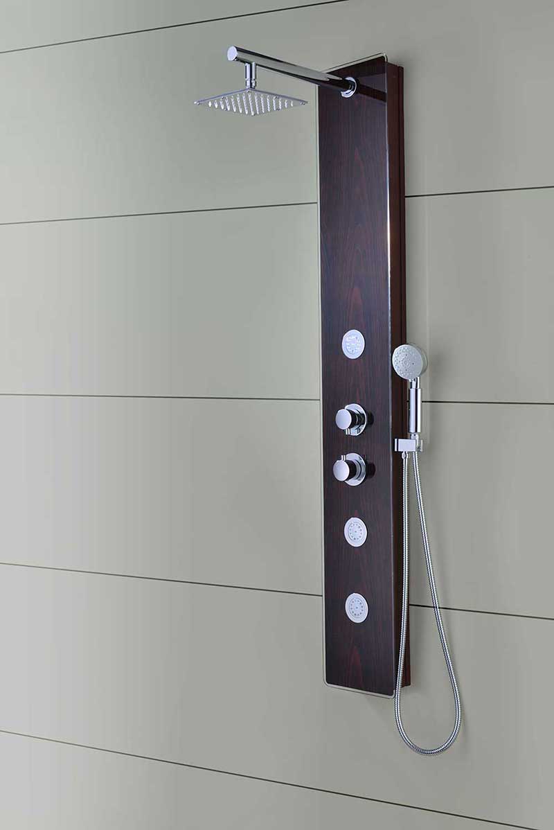 Anzzi Pure 59 in. 3-Jetted Full Body Shower Panel with Heavy Rain Shower and Spray Wand in Mahogany Style Deco-Glass 14